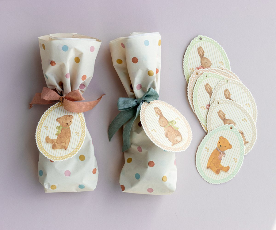 Etiquetas de regalo, conejiitos y peluches, 12 pcs.