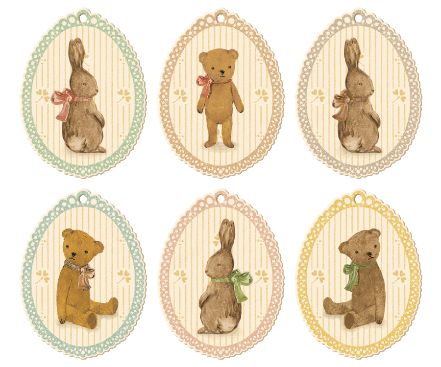 Etiquetas de regalo, conejiitos y peluches, 12 pcs.