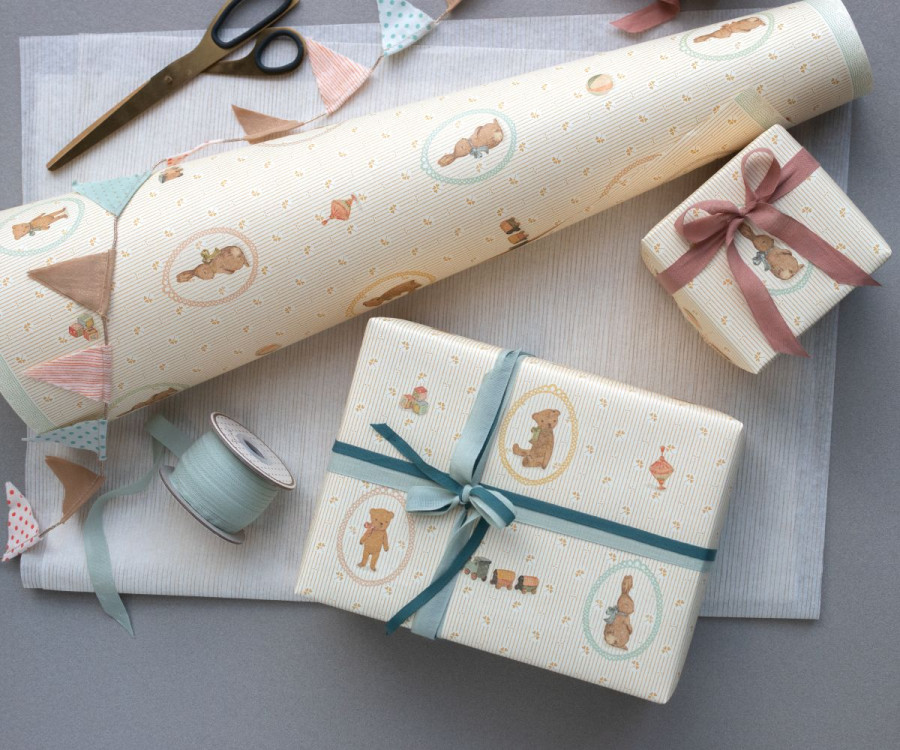 Papel de regalo, conejitos y peluches - 10 m