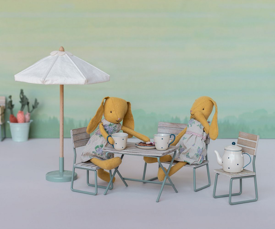 Set da giardino in miniatura - Tavolo con sedia e panca