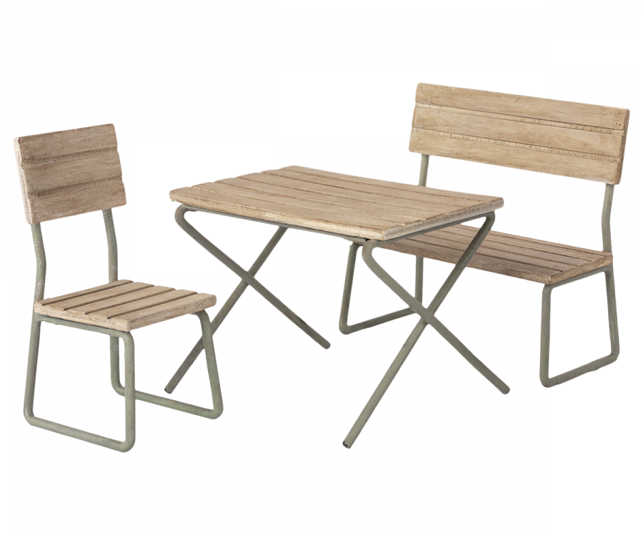 Set da giardino in miniatura - Tavolo con sedia e panca